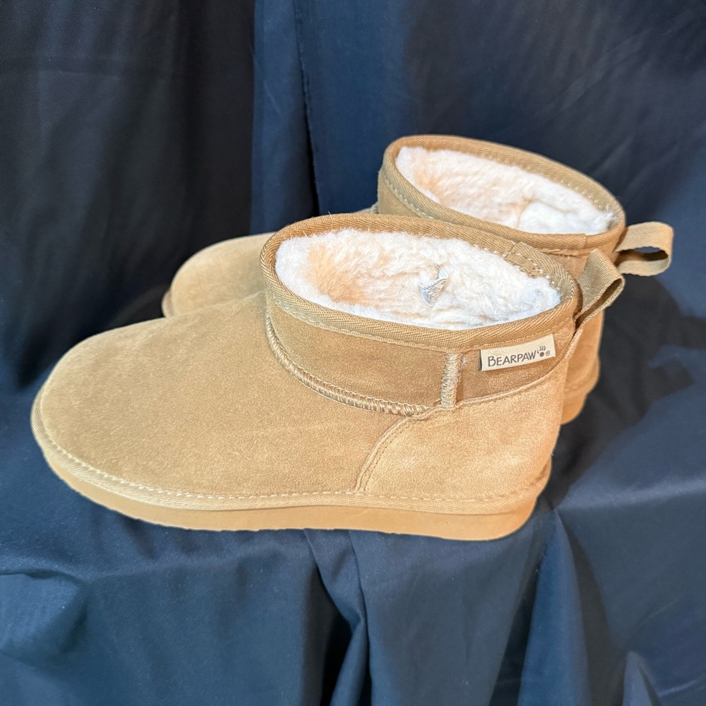 BearPaw Woman’s Tan Suede Fur-Lined Slip-On Ankle Boots